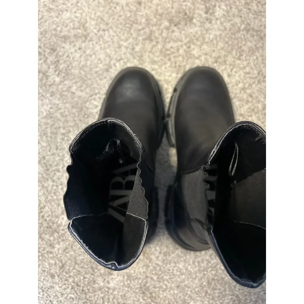 Zara Chunky Chelsea Lug Sole black leather ankle boots NWOB size 38 or US 8